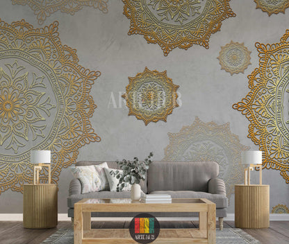 A luxurious living room featuring a feature wall with intricate golden mandala patterns on a grey textured background, creating an elegant Egyptian wall decor look.
غرفة معيشة فاخرة تتميز بورق حائط بتصميمات ماندالا ذهبية معقدة على خلفية رمادية مزخرفة، لإضفاء ديكور حائط عصري وراقي في مصر.
room: living room