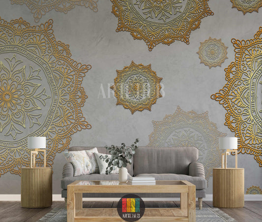 A luxurious living room featuring a feature wall with intricate golden mandala patterns on a grey textured background, creating an elegant Egyptian wall decor look.
غرفة معيشة فاخرة تتميز بورق حائط بتصميمات ماندالا ذهبية معقدة على خلفية رمادية مزخرفة، لإضفاء ديكور حائط عصري وراقي في مصر.
room: living room