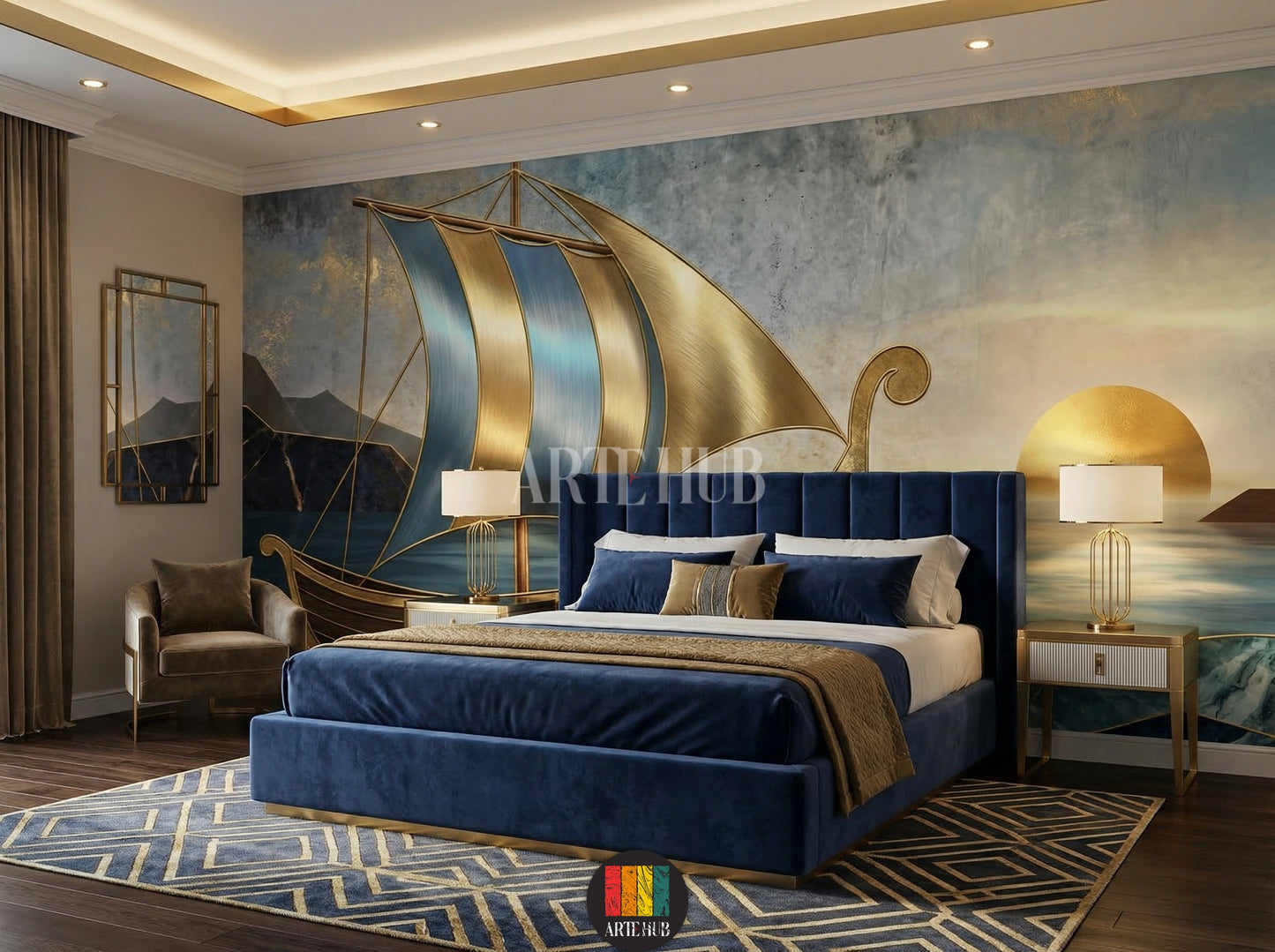 A luxurious bedroom featuring an abstract golden ship wallpaper mural with blue and gold sails on a calm sea at sunset, ideal for modern home decoration in Egypt. Includes blue velvet sofa and golden lamps.
صورة لغرفة فاخرة مع ورق حائط جداري لسفينة ذهبية بأشرعة زرقاء وذهبية على بحر هادئ عند الغروب، تصميم عصري لديكور المنزل في مصر. يتضمن كنبة مخملية زرقاء ومصابيح ذهبي
room: bedroom