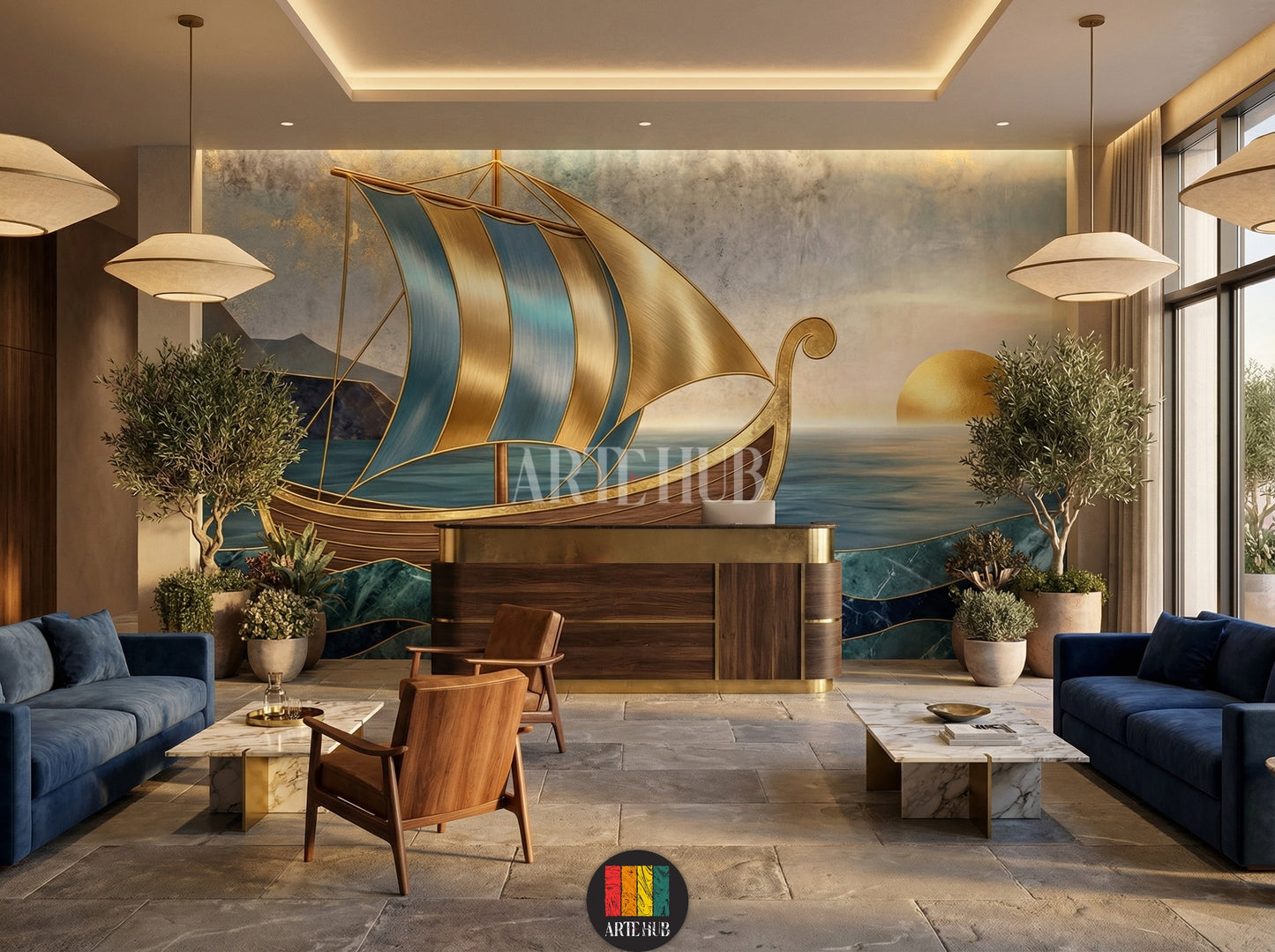 A luxurious lobby featuring an abstract golden ship wallpaper mural with blue and gold sails on a calm sea at sunset, ideal for modern home decoration in Egypt. Includes blue velvet sofa and golden lamps.
صورة لغرفة فاخرة مع ورق حائط جداري لسفينة ذهبية بأشرعة زرقاء وذهبية على بحر هادئ عند الغروب، تصميم عصري لديكور المنزل في مصر. يتضمن كنبة مخملية زرقاء ومصابيح ذهبية.
room: lobby
