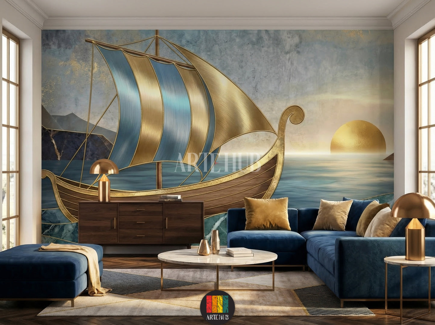 A luxurious living room featuring an abstract golden ship wallpaper mural with blue and gold sails on a calm sea at sunset, ideal for modern home decoration in Egypt. Includes blue velvet sofa and golden lamps.
صورة لغرفة معيشة فاخرة مع ورق حائط جداري لسفينة ذهبية بأشرعة زرقاء وذهبية على بحر هادئ عند الغروب، تصميم عصري لديكور المنزل في مصر. يتضمن كنبة مخملية زرقاء ومصابيح ذهبية.
room: living room