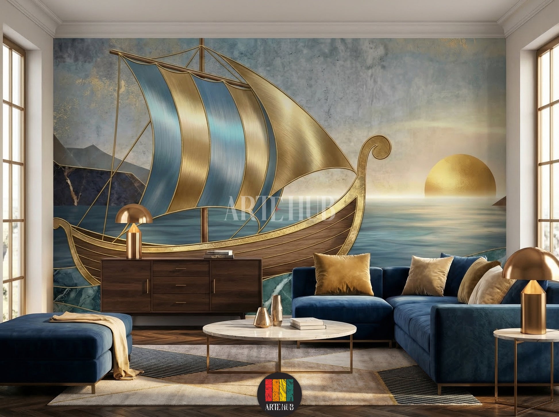 A luxurious living room featuring an abstract golden ship wallpaper mural with blue and gold sails on a calm sea at sunset, ideal for modern home decoration in Egypt. Includes blue velvet sofa and golden lamps.
صورة لغرفة معيشة فاخرة مع ورق حائط جداري لسفينة ذهبية بأشرعة زرقاء وذهبية على بحر هادئ عند الغروب، تصميم عصري لديكور المنزل في مصر. يتضمن كنبة مخملية زرقاء ومصابيح ذهبية.
room: living room