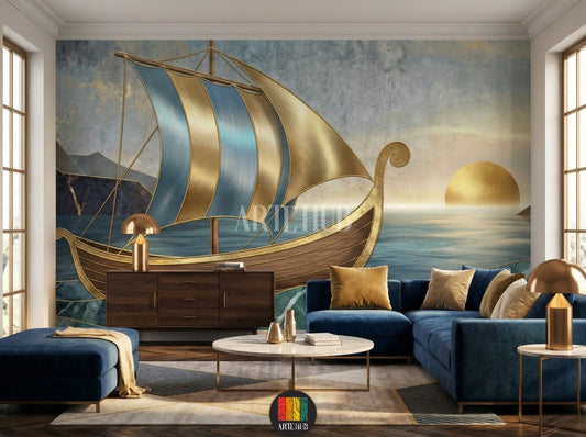 A luxurious living room featuring an abstract golden ship wallpaper mural with blue and gold sails on a calm sea at sunset, ideal for modern home decoration in Egypt. Includes blue velvet sofa and golden lamps.
صورة لغرفة معيشة فاخرة مع ورق حائط جداري لسفينة ذهبية بأشرعة زرقاء وذهبية على بحر هادئ عند الغروب، تصميم عصري لديكور المنزل في مصر. يتضمن كنبة مخملية زرقاء ومصابيح ذهبية.
room: living room