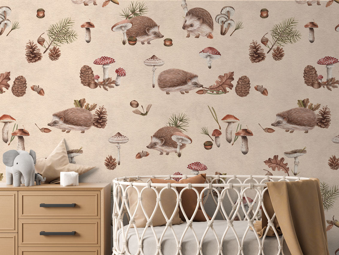 Happy Hedgehog - Beige luxury wallpaper in kids room interior — Artehub Egypt