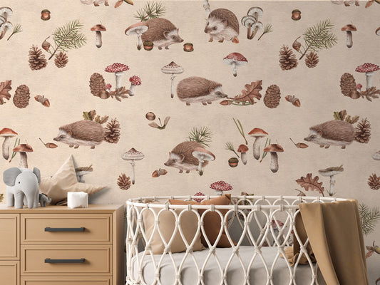 Happy Hedgehog - Beige luxury wallpaper in kids room interior — Artehub Egypt