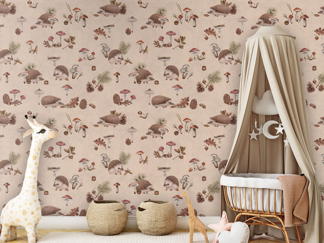 Happy Hedgehog - Beige luxury wallpaper in kids room interior — Artehub Egypt