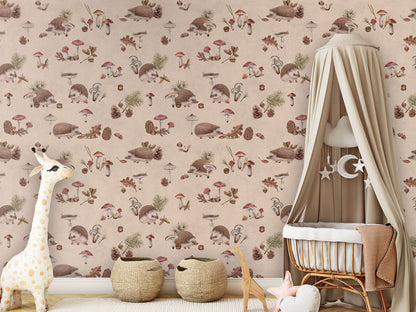 Happy Hedgehog - Beige luxury wallpaper in kids room interior — Artehub Egypt