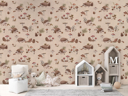 Happy Hedgehog - Beige luxury wallpaper in kids room interior — Artehub Egypt