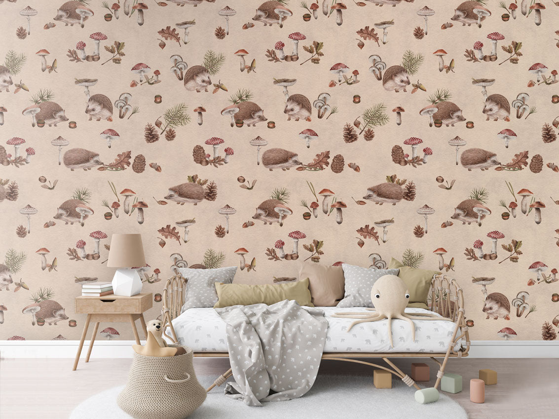 Happy Hedgehog - Beige luxury wallpaper in kids room interior — Artehub Egypt