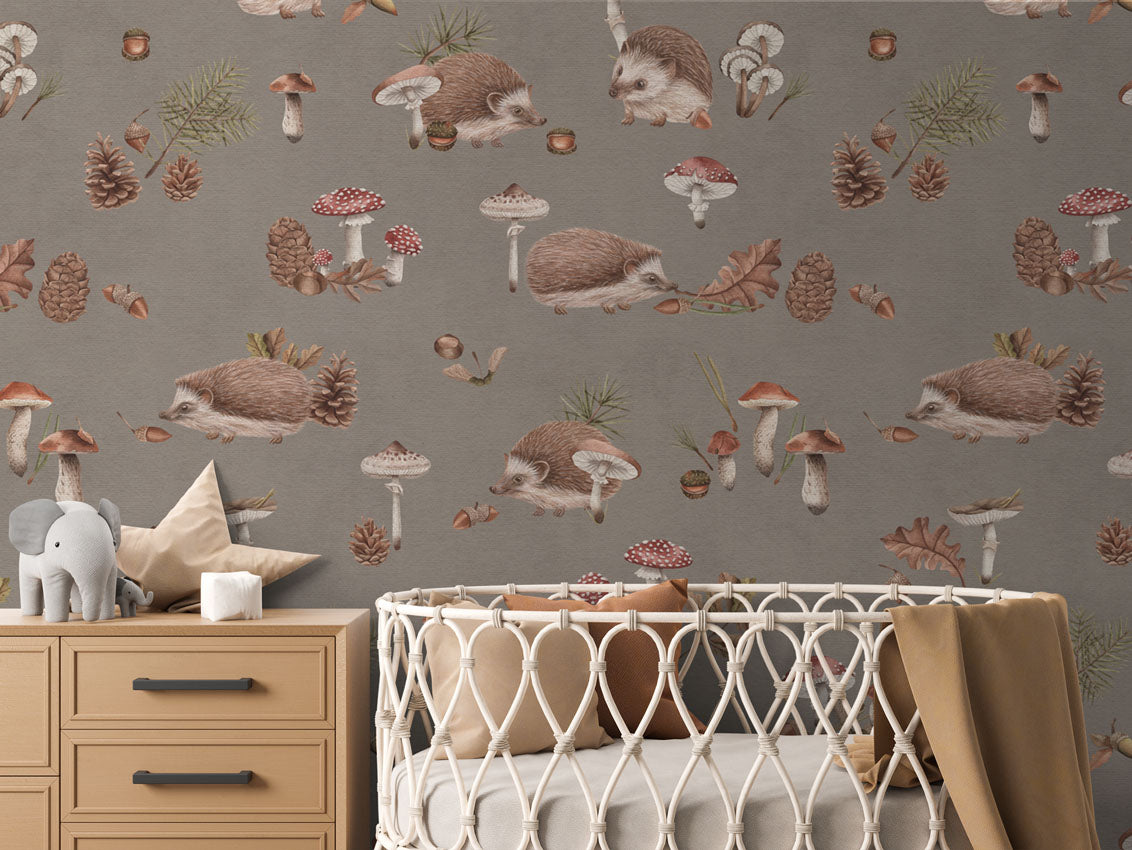 Happy Hedgehog - Brown luxury wallpaper in kids room interior — Artehub Egypt