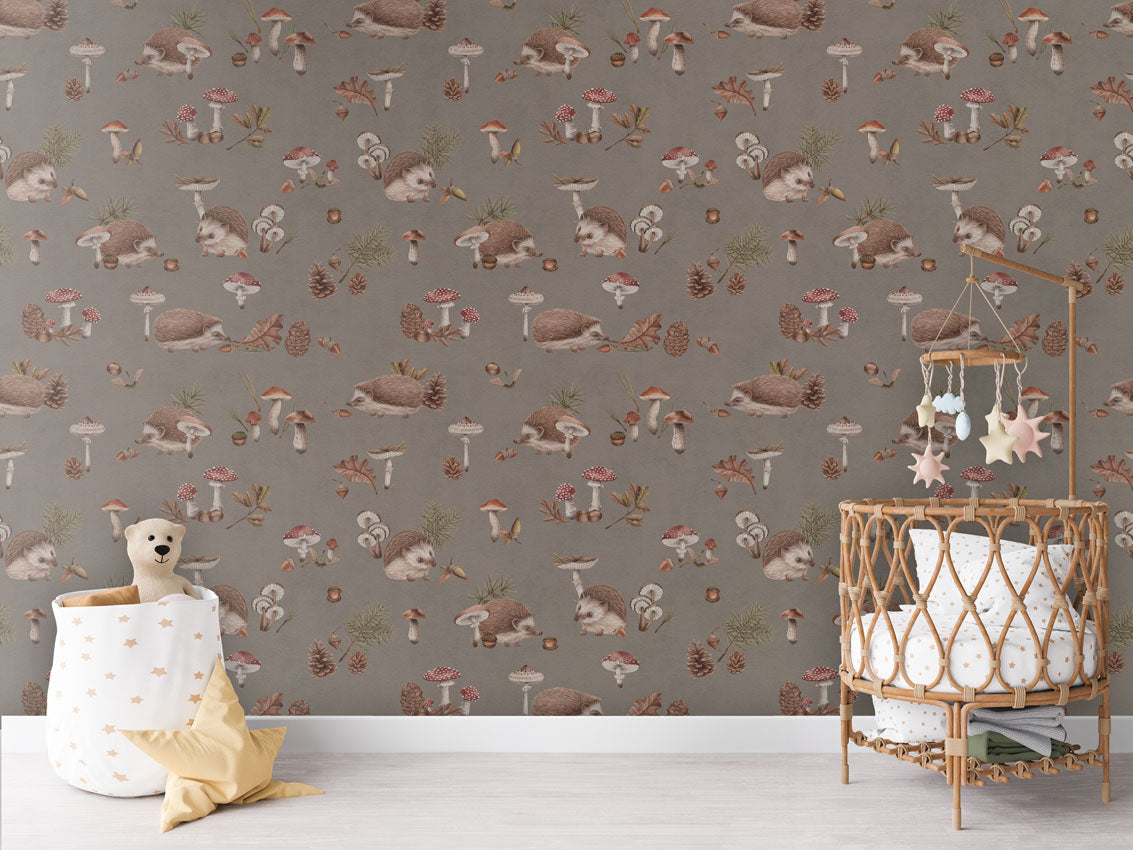 Happy Hedgehog - Brown luxury wallpaper in kids room interior — Artehub Egypt