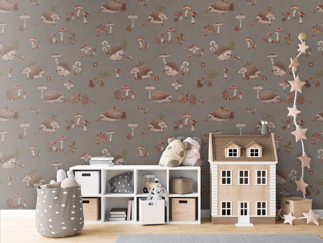 Happy Hedgehog - Brown luxury wallpaper in kids room interior — Artehub Egypt