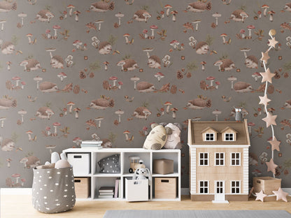 Happy Hedgehog - Brown luxury wallpaper in kids room interior — Artehub Egypt