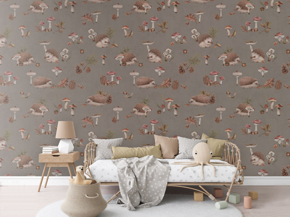 Happy Hedgehog - Brown luxury wallpaper in kids room interior — Artehub Egypt