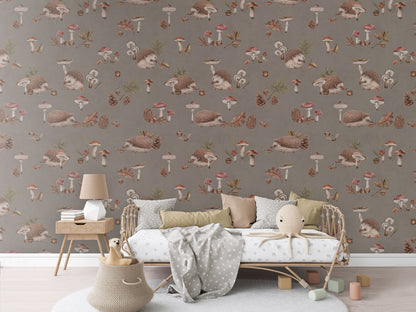 Happy Hedgehog - Brown luxury wallpaper in kids room interior — Artehub Egypt