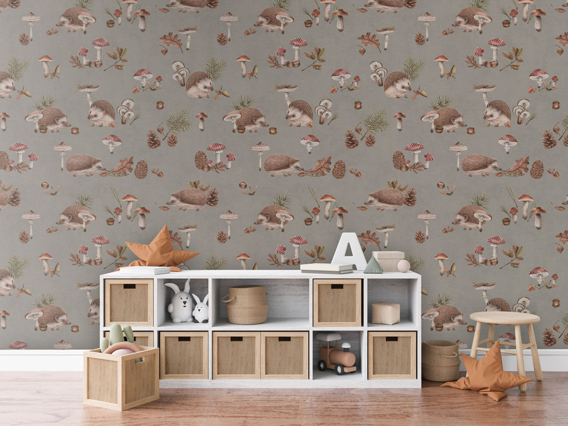 Happy Hedgehog - Taupe luxury wallpaper in kids room interior — Artehub Egypt