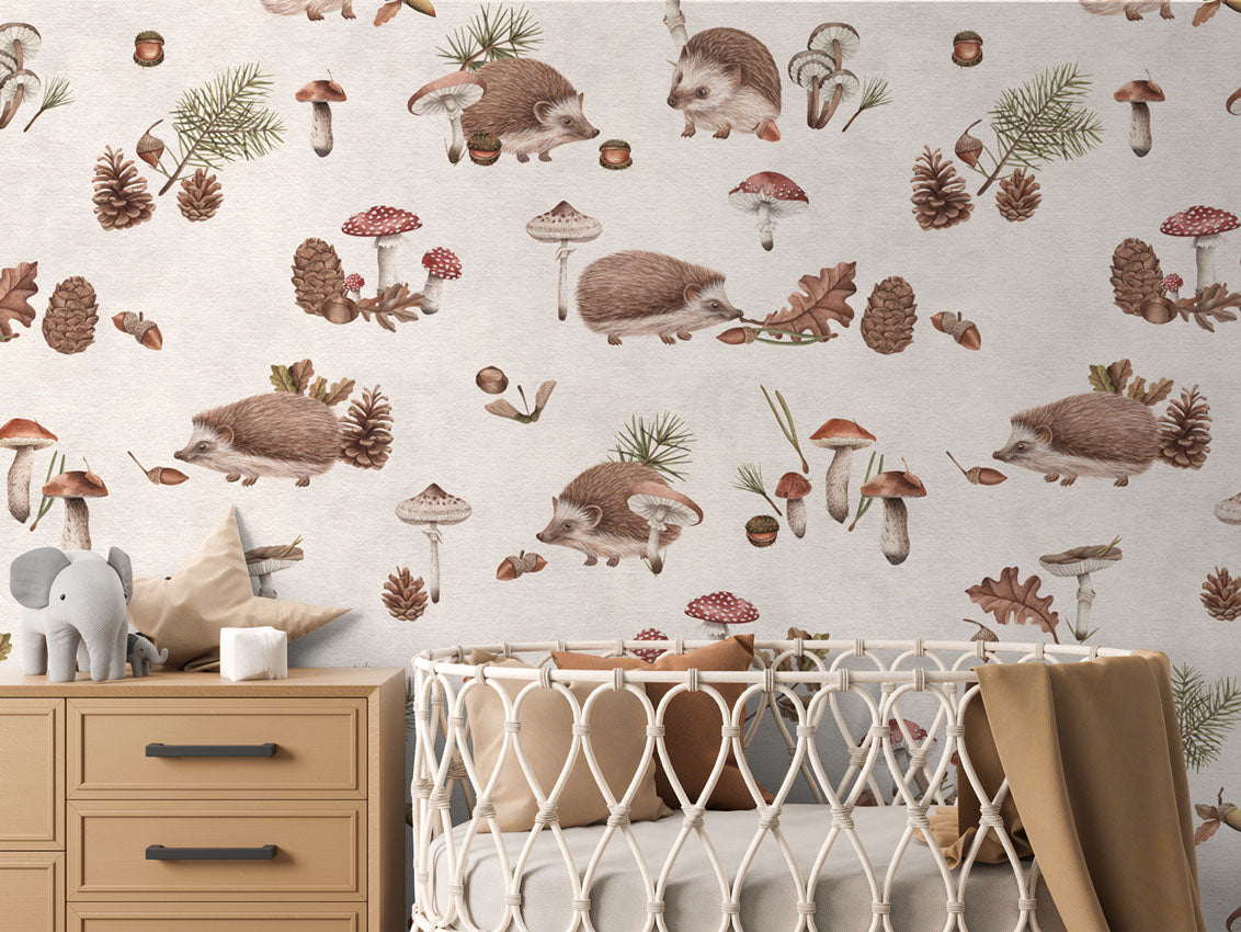 Happy Hedgehog - White luxury wallpaper in kids room interior — Artehub Egypt