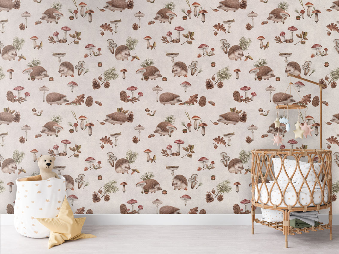 Happy Hedgehog - White luxury wallpaper in kids room interior — Artehub Egypt