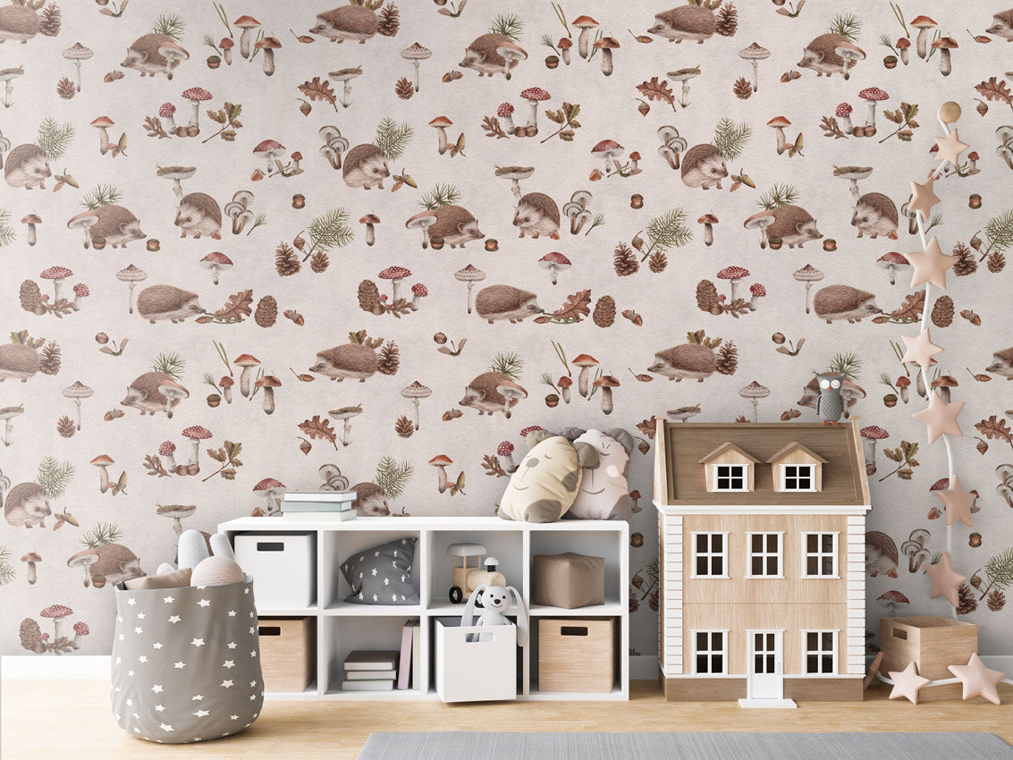 Happy Hedgehog - White luxury wallpaper in kids room interior — Artehub Egypt