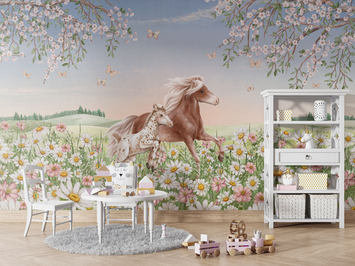 Happy Horses luxury wallpaper in kids room interior — Artehub Egypt