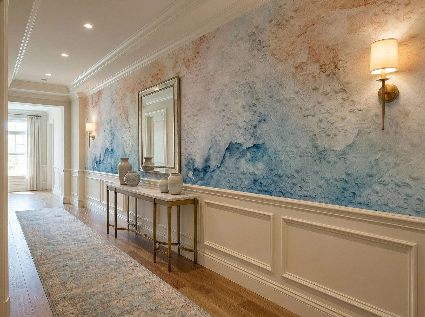 Full view of a modern hallway featuring elegant Harmony wallpaper with subtle damask patterns in pastel shades of blue, peach, and cream, enhancing the sophisticated interior design in Egypt. The wallpaper serves as a beautiful backdrop with blue and pink bedding, bedside tables, and lamps.
منظر كامل لغرفة عصرية مزينة بورق حائط Harmony الأنيق بنقوش دمشقية ناعمة وألوان باستيل من الأزرق والخوخي والكريمي، مما يعزز التصميم الداخلي الراقي في مصر.   
room: hallway