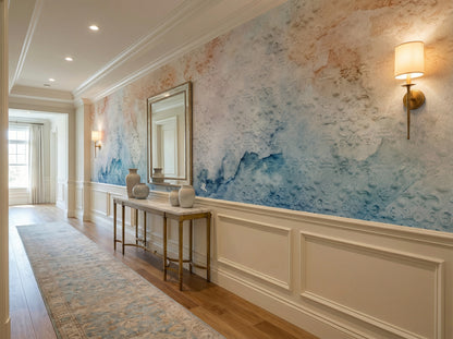Full view of a modern hallway featuring elegant Harmony wallpaper with subtle damask patterns in pastel shades of blue, peach, and cream, enhancing the sophisticated interior design in Egypt. The wallpaper serves as a beautiful backdrop with blue and pink bedding, bedside tables, and lamps.
منظر كامل لغرفة عصرية مزينة بورق حائط Harmony الأنيق بنقوش دمشقية ناعمة وألوان باستيل من الأزرق والخوخي والكريمي، مما يعزز التصميم الداخلي الراقي في مصر.   
room: hallway