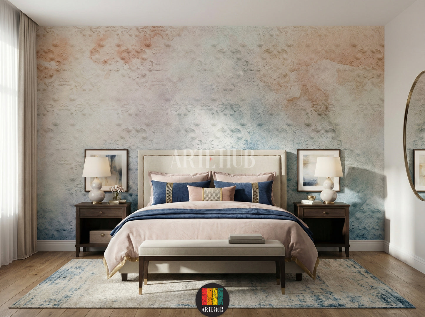 Full view of a modern bedroom featuring elegant Harmony wallpaper with subtle damask patterns in pastel shades of blue, peach, and cream, enhancing the sophisticated interior design in Egypt. The wallpaper serves as a beautiful backdrop for the bed with blue and pink bedding, bedside tables, and lamps.
منظر كامل لغرفة نوم عصرية مزينة بورق حائط Harmony الأنيق بنقوش دمشقية ناعمة وألوان باستيل من الأزرق والخوخي والكريمي، مما يعزز التصميم الداخلي الراقي في مصر.
room: bedroom