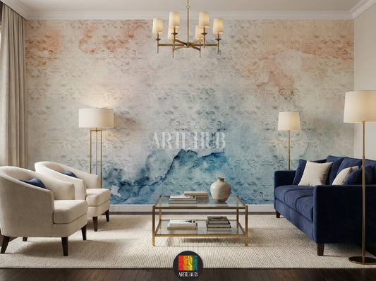 Full view of a modern living room featuring elegant Harmony wallpaper with subtle damask patterns in pastel shades of blue, peach, and cream, enhancing the sophisticated interior design in Egypt. The wallpaper serves as a beautiful backdrop with blue and pink bedding, bedside tables, and lamps.
منظر كامل لغرفة عصرية مزينة بورق حائط Harmony الأنيق بنقوش دمشقية ناعمة وألوان باستيل من الأزرق والخوخي والكريمي، مما يعزز التصميم الداخلي الراقي في مصر.   
room: living room