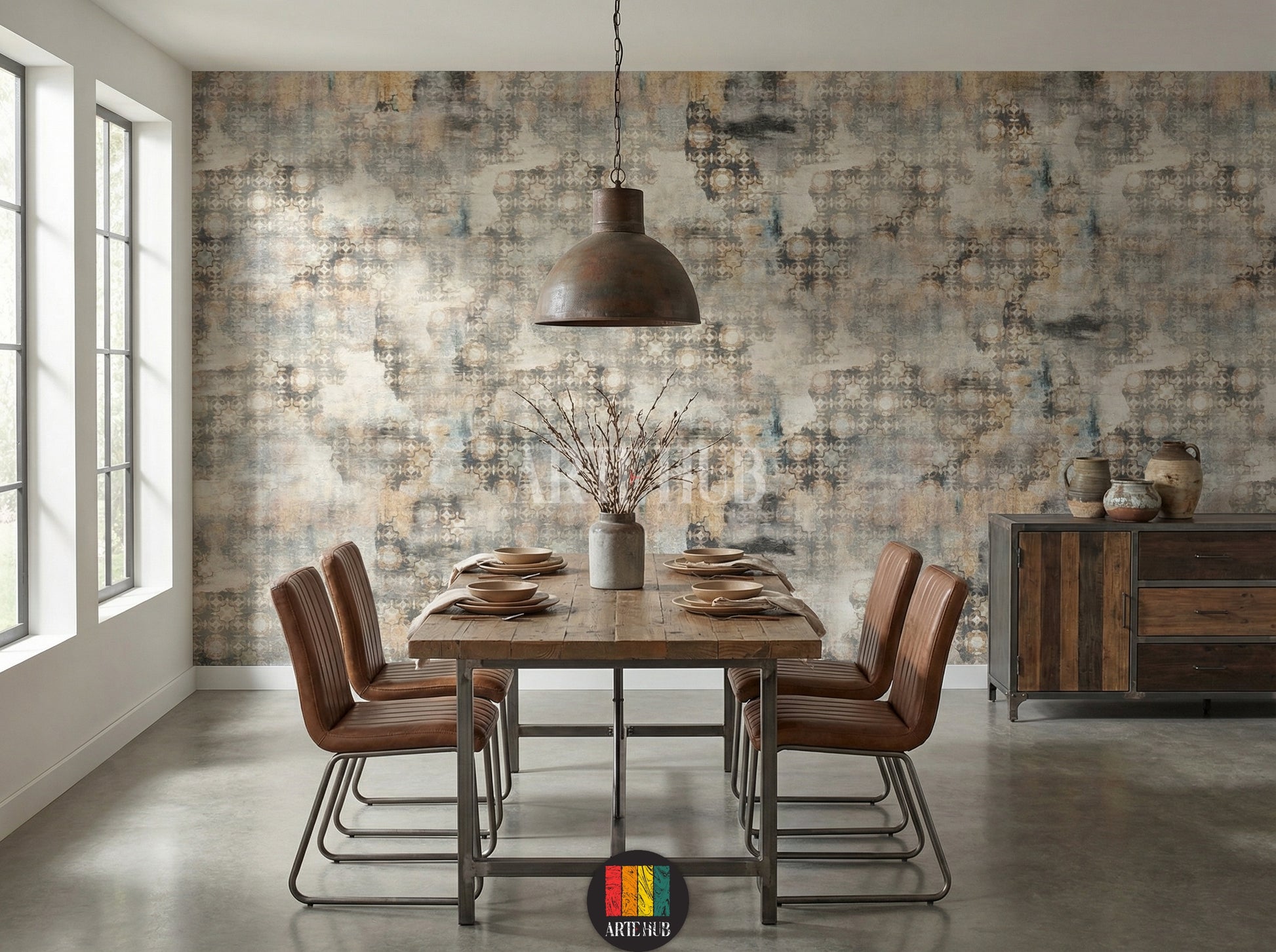 Full view of a dining room featuring the Heritage geometric abstract wallpaper in earthy tones, with a modern white sofa, grey armchair, coffee tables, and a large plant. Ideal wall decor for an Egyptian contemporary living space.
منظر كامل لغرفة سفرة مزينة بورق حائط Heritage بنمط هندسي مجرد وألوان ترابية، مع كنبة بيضاء حديثة وكرسي بذراعين رمادي وطاولات قهوة ونبات كبير. ديكور حائط مثالي للمنازل العصرية في مصر.
room: dining room