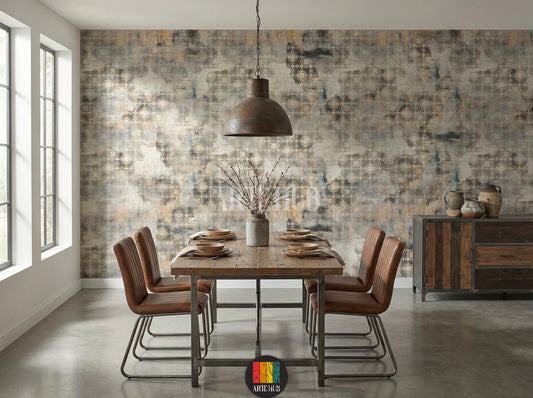 Full view of a dining room featuring the Heritage geometric abstract wallpaper in earthy tones, with a modern white sofa, grey armchair, coffee tables, and a large plant. Ideal wall decor for an Egyptian contemporary living space.
منظر كامل لغرفة سفرة مزينة بورق حائط Heritage بنمط هندسي مجرد وألوان ترابية، مع كنبة بيضاء حديثة وكرسي بذراعين رمادي وطاولات قهوة ونبات كبير. ديكور حائط مثالي للمنازل العصرية في مصر.
room: dining room