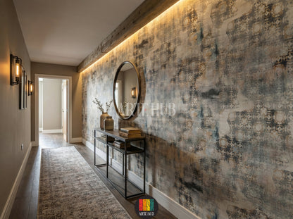 Full view of a halway featuring the Heritage geometric abstract wallpaper in earthy tones, with a modern white sofa, grey armchair, coffee tables, and a large plant. Ideal wall decor for an Egyptian contemporary living space.
منظر كامل لممر مزين بورق حائط Heritage بنمط هندسي مجرد وألوان ترابية، مع كنبة بيضاء حديثة وكرسي بذراعين رمادي وطاولات قهوة ونبات كبير. ديكور حائط مثالي للمنازل العصرية في مصر.
room: halway