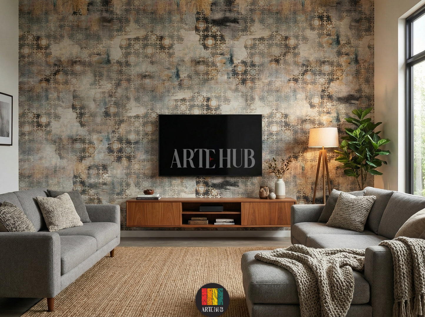 Full view of a tv room featuring the Heritage geometric abstract wallpaper in earthy tones, with a modern white sofa, grey armchair, coffee tables, and a large plant. Ideal wall decor for an Egyptian contemporary living space.
منظر كامل لغرفة معيشة مزينة بورق حائط Heritage بنمط هندسي مجرد وألوان ترابية، مع كنبة بيضاء حديثة وكرسي بذراعين رمادي وطاولات قهوة ونبات كبير. ديكور حائط مثالي للمنازل العصرية في مصر.
room: tv room
