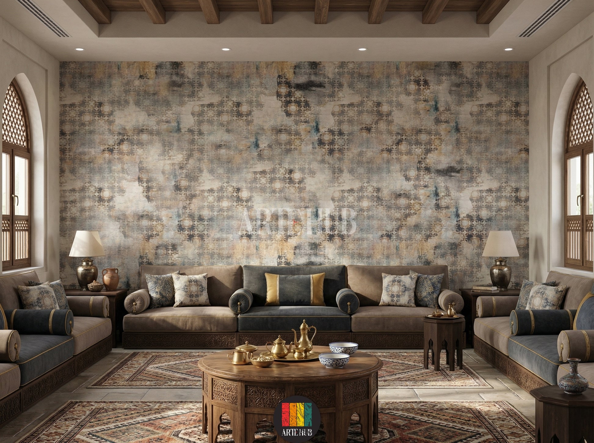 Full view of a majles room featuring the Heritage geometric abstract wallpaper in earthy tones, with a modern white sofa, grey armchair, coffee tables, and a large plant. Ideal wall decor for an Egyptian contemporary living space.
منظر كامل لغرفة مجلس مزينة بورق حائط Heritage بنمط هندسي مجرد وألوان ترابية، مع كنبة بيضاء حديثة وكرسي بذراعين رمادي وطاولات قهوة ونبات كبير. ديكور حائط مثالي للمنازل العصرية في مصر.
room: majles room