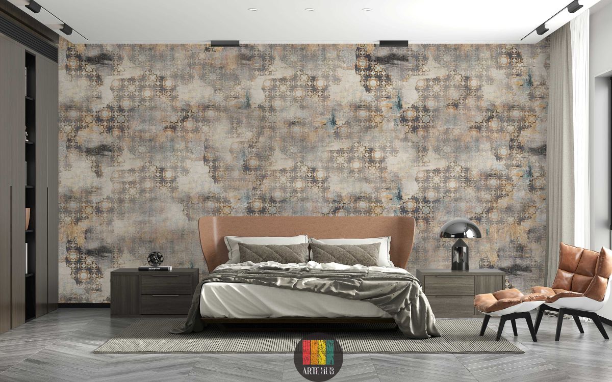 Full view of a bedroom featuring the Heritage geometric abstract wallpaper in earthy tones, with a modern white sofa, grey armchair, coffee tables, and a large plant. Ideal wall decor for an Egyptian contemporary living space.
منظر كامل لغرفة نوم مزينة بورق حائط Heritage بنمط هندسي مجرد وألوان ترابية، مع كنبة بيضاء حديثة وكرسي بذراعين رمادي وطاولات قهوة ونبات كبير. ديكور حائط مثالي للمنازل العصرية في مصر.
room: bedroom