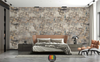 Full view of a bedroom featuring the Heritage geometric abstract wallpaper in earthy tones, with a modern white sofa, grey armchair, coffee tables, and a large plant. Ideal wall decor for an Egyptian contemporary living space.
منظر كامل لغرفة نوم مزينة بورق حائط Heritage بنمط هندسي مجرد وألوان ترابية، مع كنبة بيضاء حديثة وكرسي بذراعين رمادي وطاولات قهوة ونبات كبير. ديكور حائط مثالي للمنازل العصرية في مصر.
room: bedroom