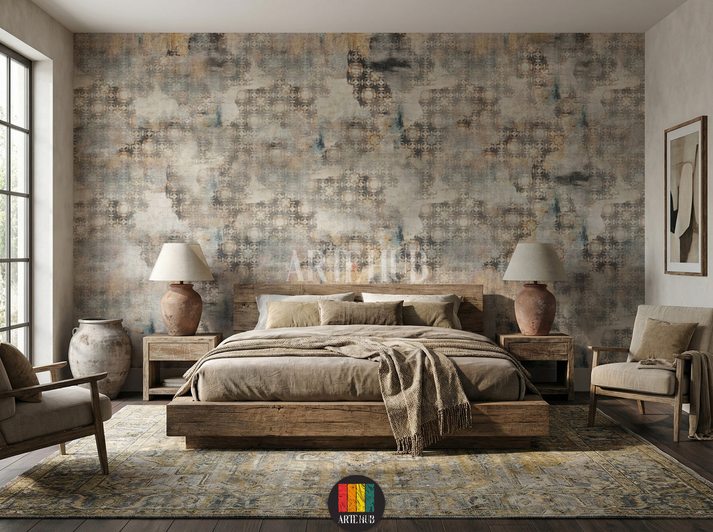 Full view of a bedroom featuring the Heritage geometric abstract wallpaper in earthy tones, with a modern white sofa, grey armchair, coffee tables, and a large plant. Ideal wall decor for an Egyptian contemporary living space.
منظر كامل لغرفة نوم مزينة بورق حائط Heritage بنمط هندسي مجرد وألوان ترابية، مع كنبة بيضاء حديثة وكرسي بذراعين رمادي وطاولات قهوة ونبات كبير. ديكور حائط مثالي للمنازل العصرية في مصر.
room: bedroom
