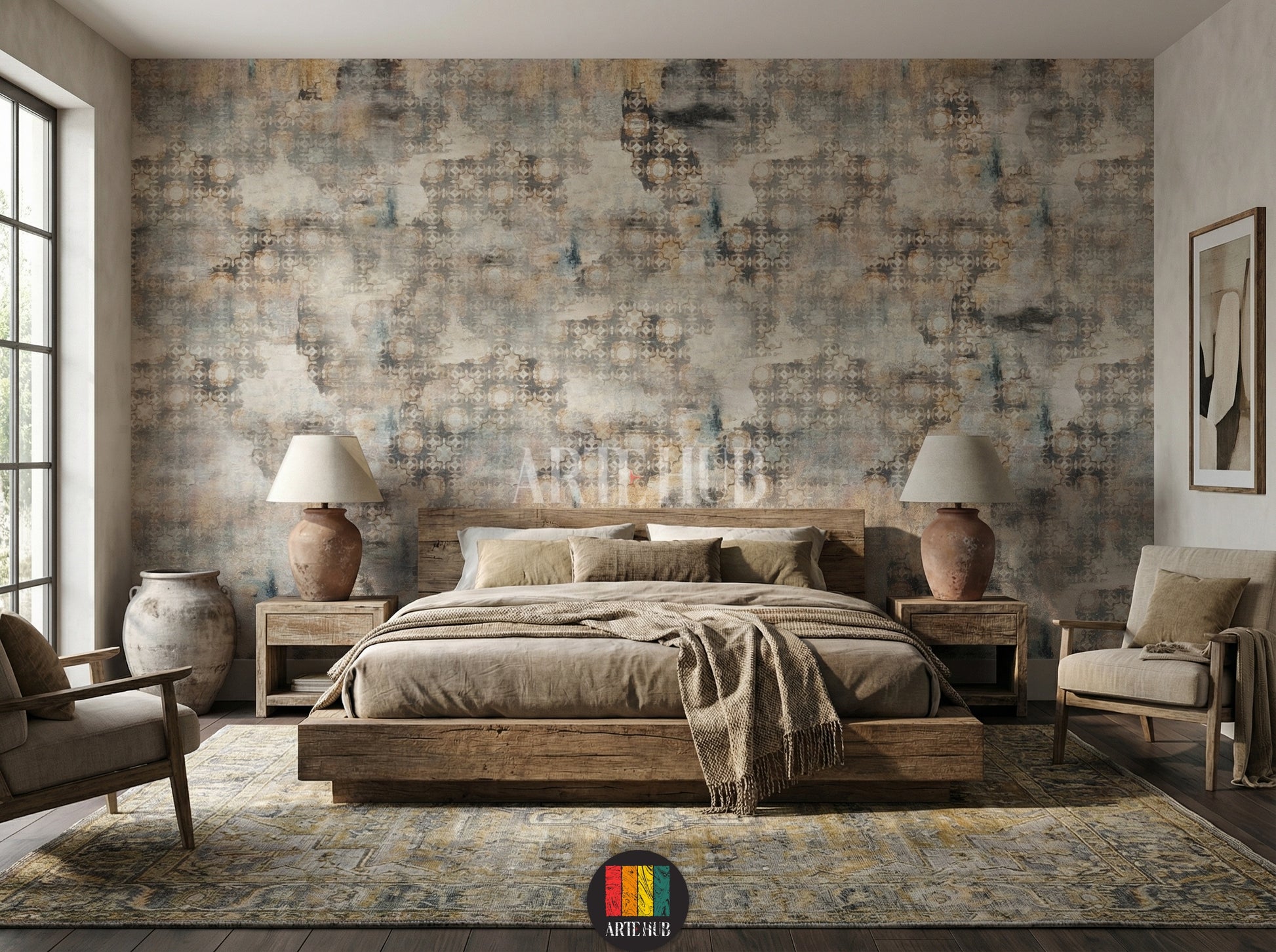 Full view of a bedroom featuring the Heritage geometric abstract wallpaper in earthy tones, with a modern white sofa, grey armchair, coffee tables, and a large plant. Ideal wall decor for an Egyptian contemporary living space.
منظر كامل لغرفة نوم مزينة بورق حائط Heritage بنمط هندسي مجرد وألوان ترابية، مع كنبة بيضاء حديثة وكرسي بذراعين رمادي وطاولات قهوة ونبات كبير. ديكور حائط مثالي للمنازل العصرية في مصر.
room: bedroom