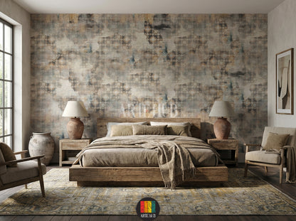 Full view of a bedroom featuring the Heritage geometric abstract wallpaper in earthy tones, with a modern white sofa, grey armchair, coffee tables, and a large plant. Ideal wall decor for an Egyptian contemporary living space.
منظر كامل لغرفة نوم مزينة بورق حائط Heritage بنمط هندسي مجرد وألوان ترابية، مع كنبة بيضاء حديثة وكرسي بذراعين رمادي وطاولات قهوة ونبات كبير. ديكور حائط مثالي للمنازل العصرية في مصر.
room: bedroom