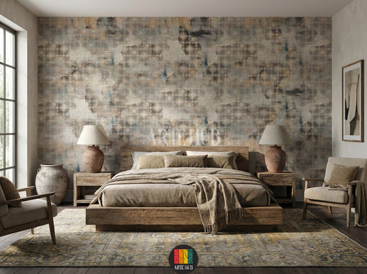 Full view of a bedroom featuring the Heritage geometric abstract wallpaper in earthy tones, with a modern white sofa, grey armchair, coffee tables, and a large plant. Ideal wall decor for an Egyptian contemporary living space.
منظر كامل لغرفة نوم مزينة بورق حائط Heritage بنمط هندسي مجرد وألوان ترابية، مع كنبة بيضاء حديثة وكرسي بذراعين رمادي وطاولات قهوة ونبات كبير. ديكور حائط مثالي للمنازل العصرية في مصر.
room: bedroom
