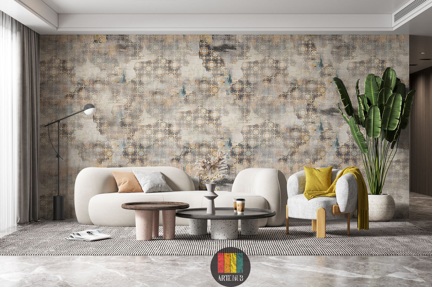 Full view of a living room featuring the Heritage geometric abstract wallpaper in earthy tones, with a modern white sofa, grey armchair, coffee tables, and a large plant. Ideal wall decor for an Egyptian contemporary living space.
منظر كامل لغرفة معيشة مزينة بورق حائط Heritage بنمط هندسي مجرد وألوان ترابية، مع كنبة بيضاء حديثة وكرسي بذراعين رمادي وطاولات قهوة ونبات كبير. ديكور حائط مثالي للمنازل العصرية في مصر.
room: living room