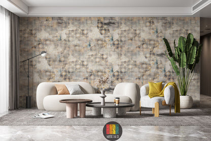 Full view of a living room featuring the Heritage geometric abstract wallpaper in earthy tones, with a modern white sofa, grey armchair, coffee tables, and a large plant. Ideal wall decor for an Egyptian contemporary living space.
منظر كامل لغرفة معيشة مزينة بورق حائط Heritage بنمط هندسي مجرد وألوان ترابية، مع كنبة بيضاء حديثة وكرسي بذراعين رمادي وطاولات قهوة ونبات كبير. ديكور حائط مثالي للمنازل العصرية في مصر.
room: living room