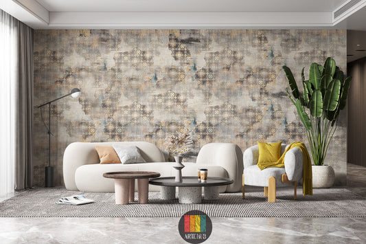 Full view of a living room featuring the Heritage geometric abstract wallpaper in earthy tones, with a modern white sofa, grey armchair, coffee tables, and a large plant. Ideal wall decor for an Egyptian contemporary living space.
منظر كامل لغرفة معيشة مزينة بورق حائط Heritage بنمط هندسي مجرد وألوان ترابية، مع كنبة بيضاء حديثة وكرسي بذراعين رمادي وطاولات قهوة ونبات كبير. ديكور حائط مثالي للمنازل العصرية في مصر.
room: living room