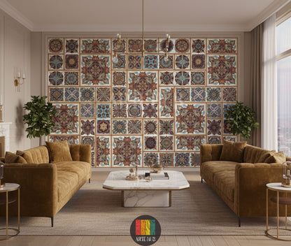 Full view of a modern living room featuring a prominent wall covered in a decorative mosaic-patterned wallpaper. The design features intricate, colorful tiles with traditional geometric motifs, ideal for Egyptian-inspired home decor. The room has industrial elements like brick walls and exposed ducts, with a bed, two nightstands, a rug, and a leather armchair.
صورة كاملة لغرفة معيشة عصرية تتميز بحائط مغطى بورق جدران بنقوش فسيفساء مزخرفة. التصميم يضم بلاطات ملونة ومعقدة بزخارف 
room: living room