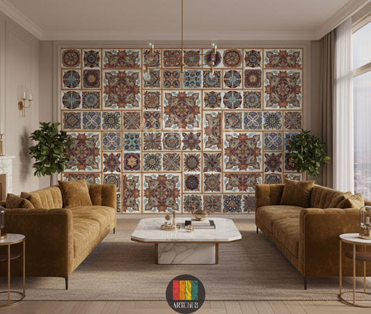 Full view of a modern living room featuring a prominent wall covered in a decorative mosaic-patterned wallpaper. The design features intricate, colorful tiles with traditional geometric motifs, ideal for Egyptian-inspired home decor. The room has industrial elements like brick walls and exposed ducts, with a bed, two nightstands, a rug, and a leather armchair.
صورة كاملة لغرفة معيشة عصرية تتميز بحائط مغطى بورق جدران بنقوش فسيفساء مزخرفة. التصميم يضم بلاطات ملونة ومعقدة بزخارف 
room: living room
