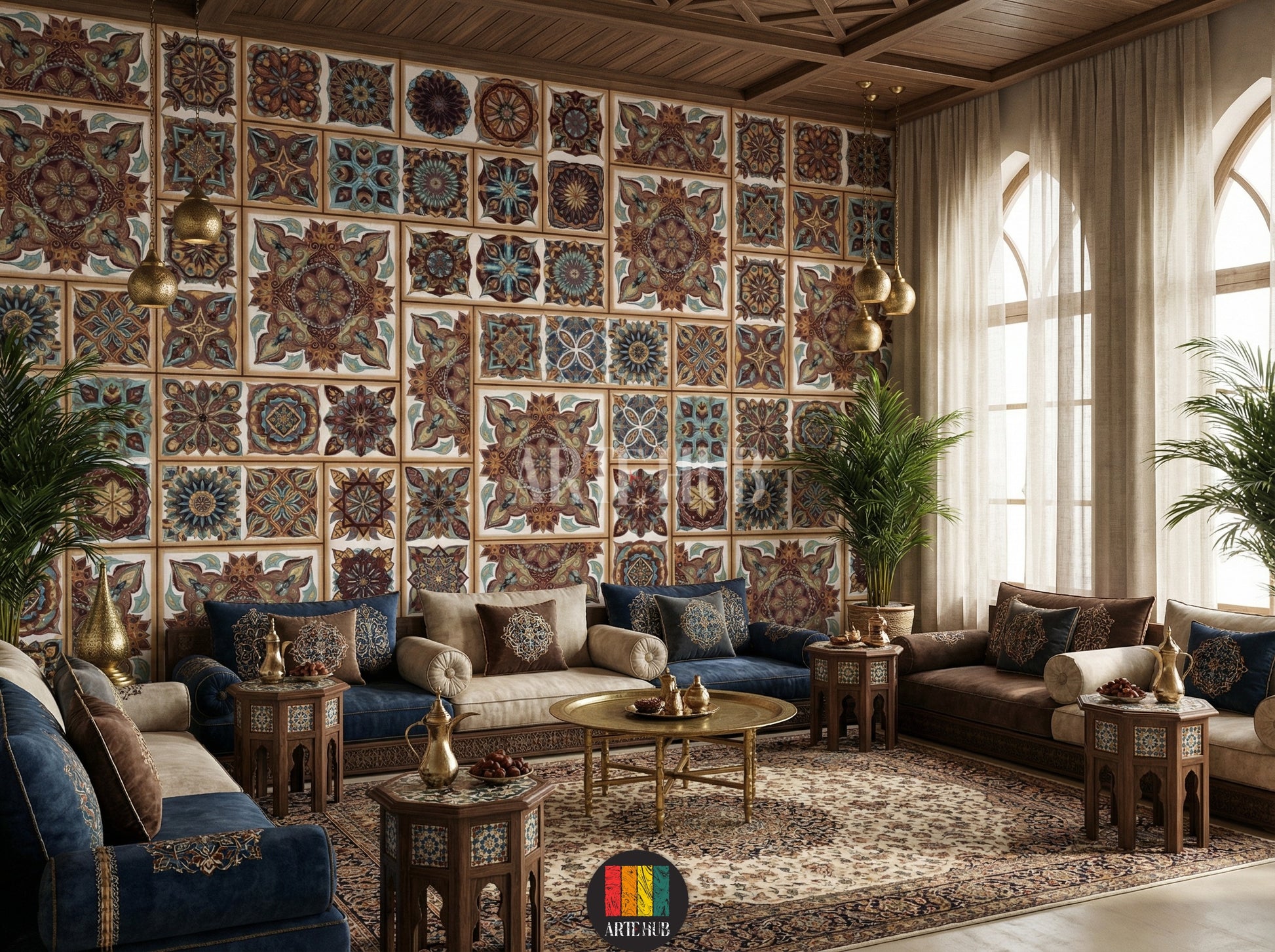 Full view of a modern majles room featuring a prominent wall covered in a decorative mosaic-patterned wallpaper. The design features intricate, colorful tiles with traditional geometric motifs, ideal for Egyptian-inspired home decor. The room has industrial elements like brick walls and exposed ducts, with a bed, two nightstands, a rug, and a leather armchair.
صورة كاملة لغرفة مجلس عصرية تتميز بحائط مغطى بورق جدران بنقوش فسيفساء مزخرفة. التصميم يضم بلاطات ملونة ومعقدة بزخارف 
room: majles room