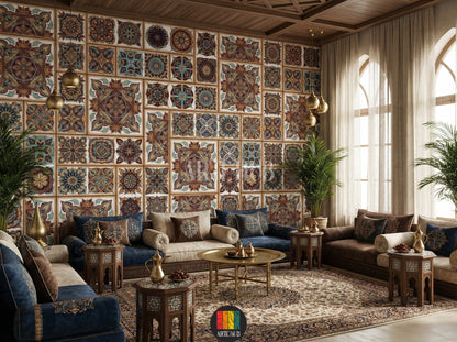 Full view of a modern majles room featuring a prominent wall covered in a decorative mosaic-patterned wallpaper. The design features intricate, colorful tiles with traditional geometric motifs, ideal for Egyptian-inspired home decor. The room has industrial elements like brick walls and exposed ducts, with a bed, two nightstands, a rug, and a leather armchair.
صورة كاملة لغرفة مجلس عصرية تتميز بحائط مغطى بورق جدران بنقوش فسيفساء مزخرفة. التصميم يضم بلاطات ملونة ومعقدة بزخارف 
room: majles room