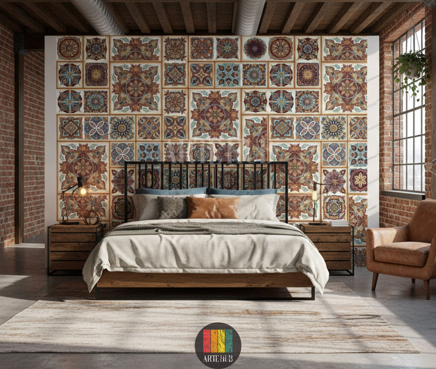 Full view of a modern bedroom featuring a prominent wall covered in a decorative mosaic-patterned wallpaper. The design features intricate, colorful tiles with traditional geometric motifs, ideal for Egyptian-inspired home decor. The room has industrial elements like brick walls and exposed ducts, with a bed, two nightstands, a rug, and a leather armchair.
صورة كاملة لغرفة نوم عصرية تتميز بحائط مغطى بورق جدران بنقوش فسيفساء مزخرفة. التصميم يضم بلاطات ملونة ومعقدة بزخارف هندسية تقليدية
room: bedroom