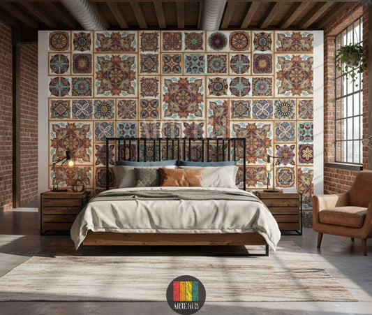 Full view of a modern bedroom featuring a prominent wall covered in a decorative mosaic-patterned wallpaper. The design features intricate, colorful tiles with traditional geometric motifs, ideal for Egyptian-inspired home decor. The room has industrial elements like brick walls and exposed ducts, with a bed, two nightstands, a rug, and a leather armchair.
صورة كاملة لغرفة نوم عصرية تتميز بحائط مغطى بورق جدران بنقوش فسيفساء مزخرفة. التصميم يضم بلاطات ملونة ومعقدة بزخارف هندسية تقليدية
room: bedroom