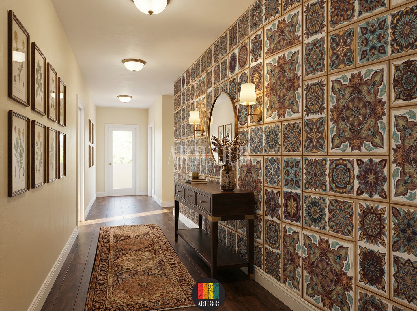 Full view of a modern hallway featuring a prominent wall covered in a decorative mosaic-patterned wallpaper. The design features intricate, colorful tiles with traditional geometric motifs, ideal for Egyptian-inspired home decor. The room has industrial elements like brick walls and exposed ducts, with a bed, two nightstands, a rug, and a leather armchair.
صورة كاملة لممر عصري يتميز بحائط مغطى بورق جدران بنقوش فسيفساء مزخرفة. التصميم يضم بلاطات ملونة ومعقدة بزخارف 
room: hallway