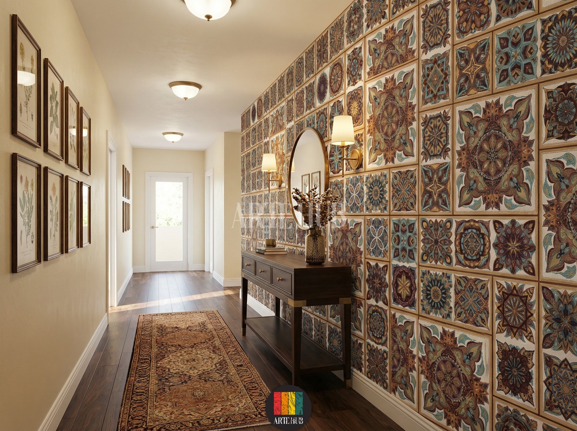 Full view of a modern hallway featuring a prominent wall covered in a decorative mosaic-patterned wallpaper. The design features intricate, colorful tiles with traditional geometric motifs, ideal for Egyptian-inspired home decor. The room has industrial elements like brick walls and exposed ducts, with a bed, two nightstands, a rug, and a leather armchair.
صورة كاملة لممر عصري يتميز بحائط مغطى بورق جدران بنقوش فسيفساء مزخرفة. التصميم يضم بلاطات ملونة ومعقدة بزخارف 
room: hallway